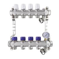 HEIMSHAFT 89002204 ProfiTherm Коллектор с термостатическими вставками 4 выхода, 10 атм, в сборе с воздухоотводчиком, манометром, сливной арматурой, нержавеющая сталь