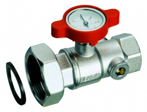 Кран шаровой 1"-1/2", ВР-накидная гайка, термометр до 80 ﹾС, цвет ручки красный FAR