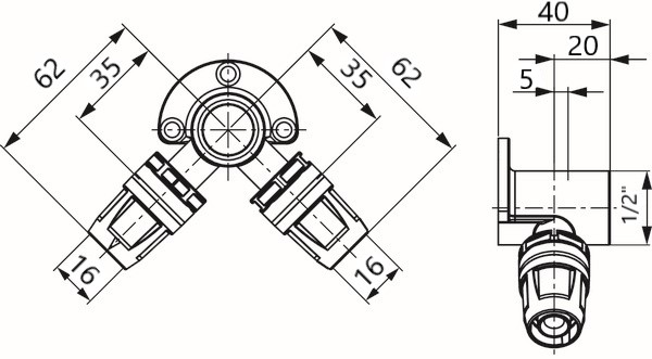 TECE 8620007 TECElogo Тройник угловой с настенным креплением 16  х 1/2" х 16 , латунь