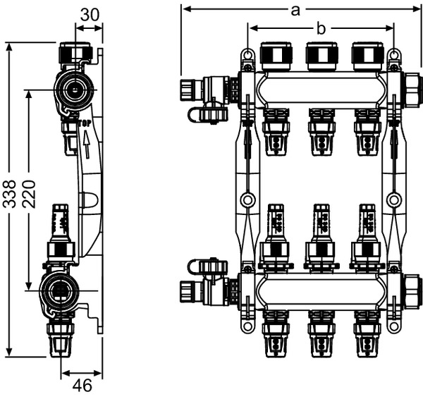 TECE 77311106 TECEfloor Коллектор стальной для теплого пола с подключением -Push, с расходомерами, подключение 1" НГ, выходы 16 push-fit, с блоком наполнения/опорожнения, 6 контуров