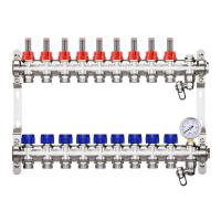 HEIMSHAFT 89002109    ProfiTherm Коллектор для теплого пола с расходомерами 9 выходов, 10 атм, в сборе с воздухоотводчиком, манометром, сливной арматурой, нержавеющая сталь