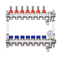 HEIMSHAFT 89002107    ProfiTherm Коллектор для теплого пола с расходомерами 7 выходов, 10 атм, в сборе с воздухоотводчиком, манометром, сливной арматурой, нержавеющая сталь