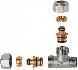 Тройник 1/2", НР, с 2 концовками для м/п труб 16Х2 FAR