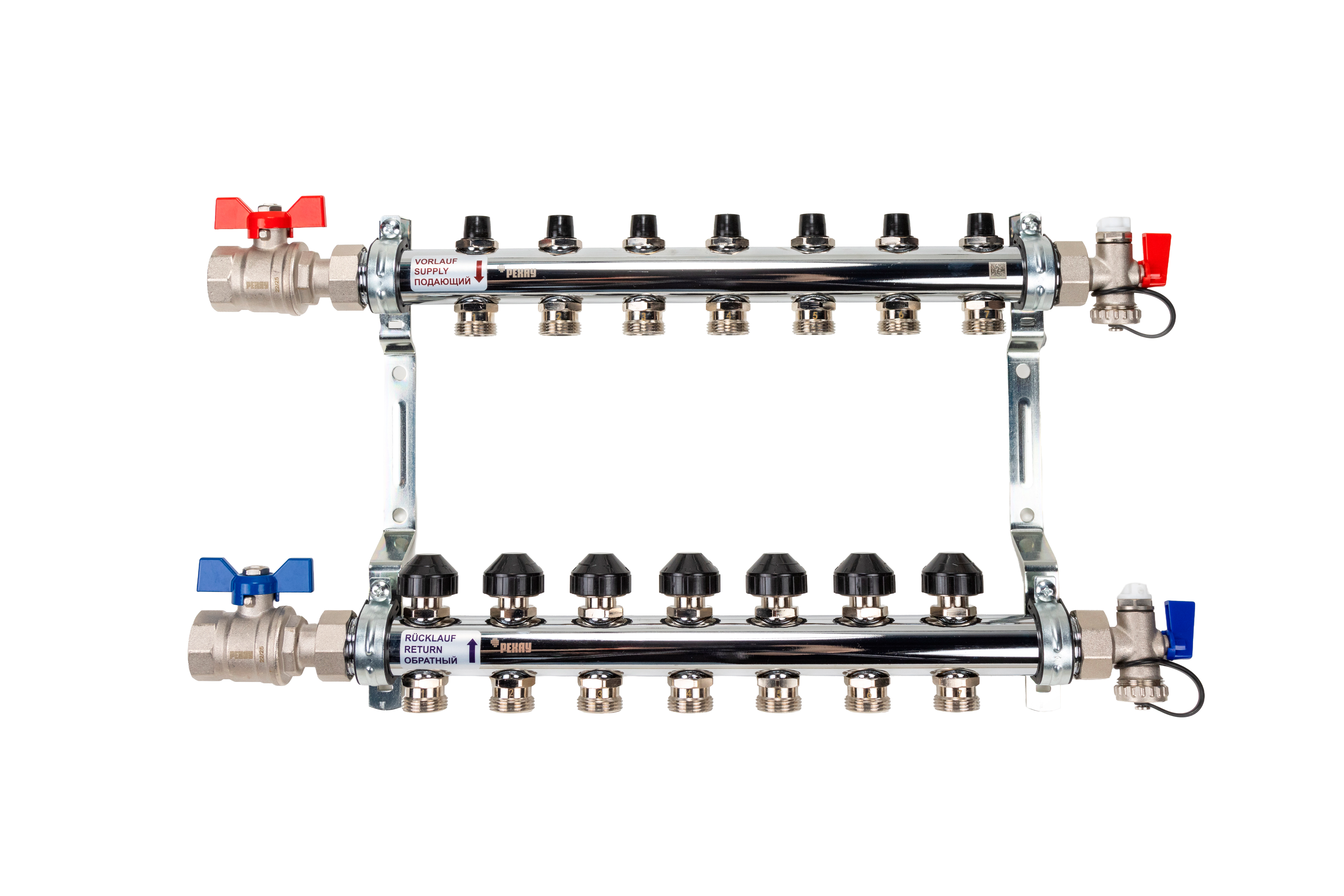 РЕХАУ 12180713001 HKV Коллектор распределительный 7 контуров для системы отопления с термовставками и запорными кранами, в сборе: с шаровыми кранами, с креплением, с блоком заполнения/ воздухоот., с термометром