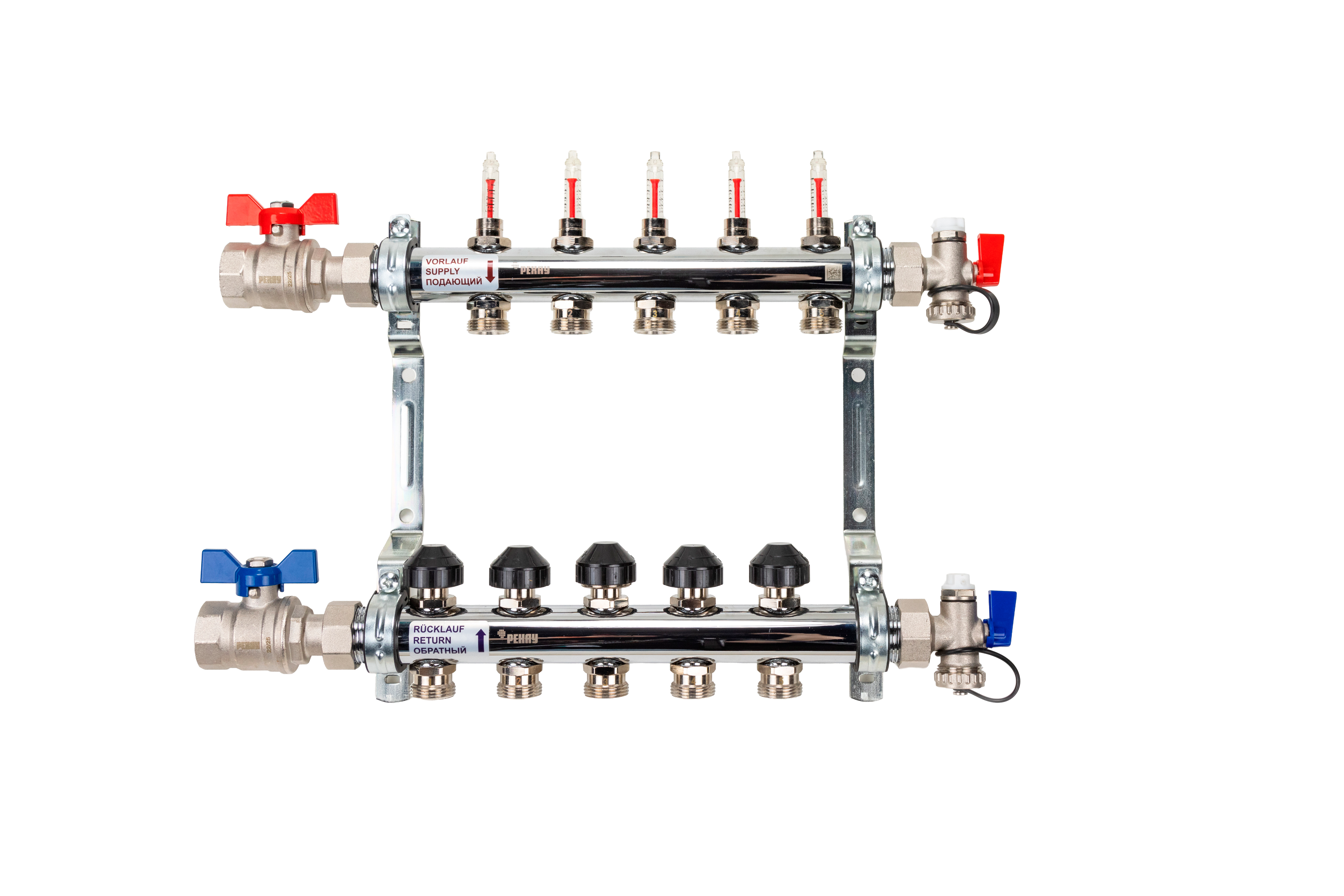 РЕХАУ 12080513002 HKV-D Коллектор распределительный 5 контуров для теплого пола с расходомерами и термовставками, запорными кранами, в сборе: с шаровыми кранами, с креплением, с блоком заполнения/ воздухоот., с термометром
