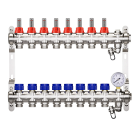 HEIMSHAFT 89002108    ProfiTherm Коллектор для теплого пола с расходомерами 8 выходов, 10 атм, в сборе с воздухоотводчиком, манометром, сливной арматурой, нержавеющая сталь