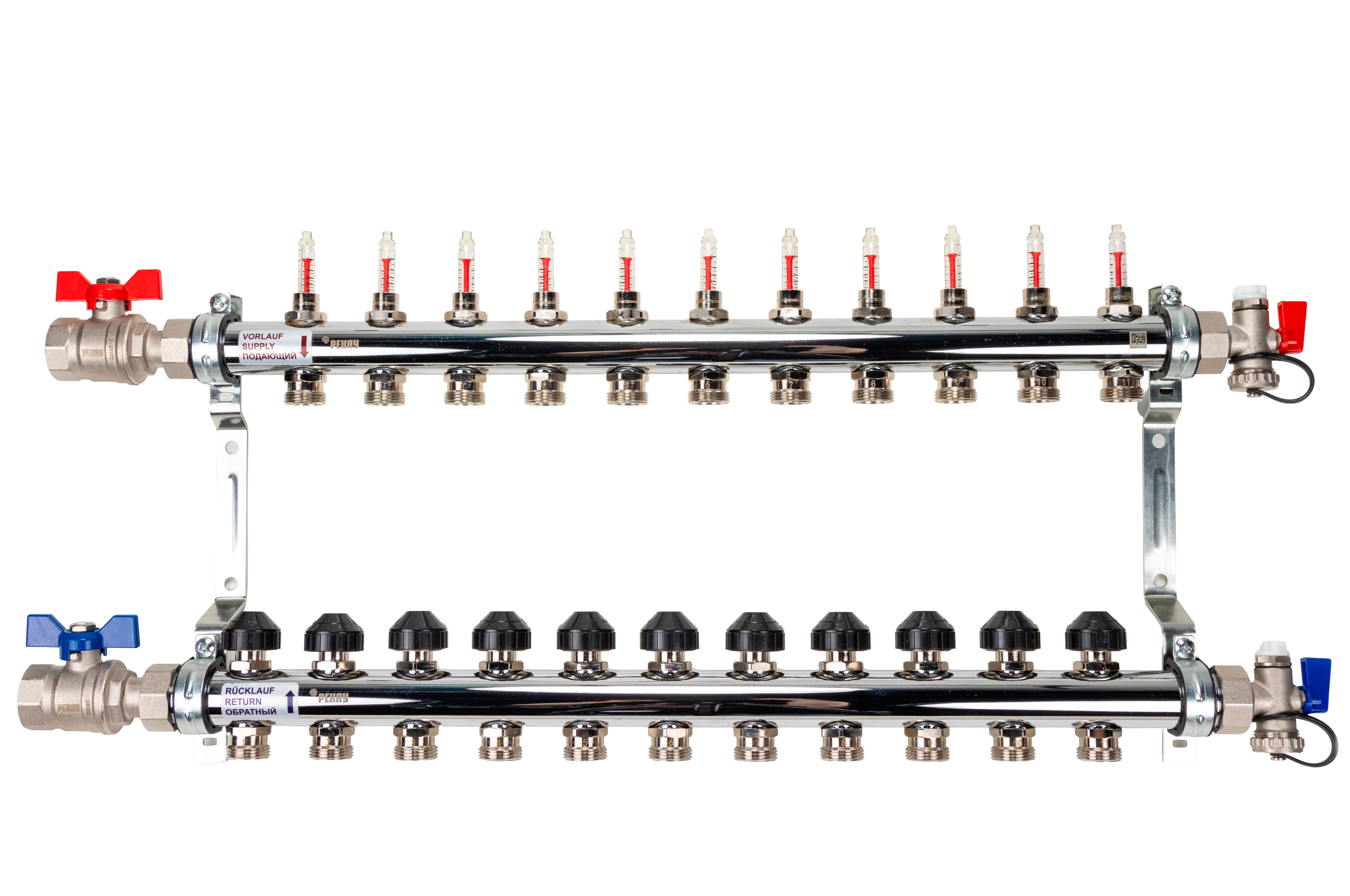 РЕХАУ 12081113002 HKV-D Коллектор распределительный 11 контуров для теплого пола с расходомерами и термовставками, запорными кранами, в сборе: с шаровыми кранами, с креплением, с блоком заполнения/ воздухоот., с термометром