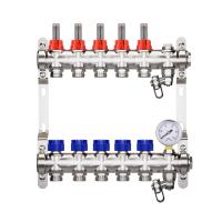 HEIMSHAFT 89002105    ProfiTherm Коллектор для теплого пола с расходомерами 5 выходов, 10 атм, в сборе с воздухоотводчиком, манометром, сливной арматурой, нержавеющая сталь