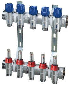 FAR FK 3971 C109  Узел коллекторный 1", с запорными и терморегулирующими вентилями, с расходомерами, 9 отводов М24х19