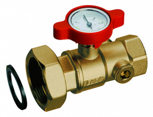 Кран шаровой латунный, 1"-1/2", ВР-накидная гайка, термометр до 80 ﹾС, цвет ручки синий FAR