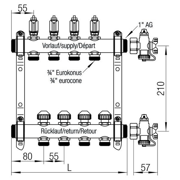 РЕХАУ 12080211002 RAUTHERM S Распределительный коллектор HKV-D 1", с расходомерами, 1",с расходомерами,  на 2 контура,  нержавеющая сталь, нержавеющая сталь