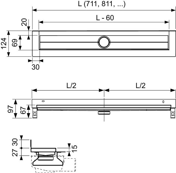 TECE 600701 TECEdrainline Дренажный канал для пристенного монтажа, прямой, 70 см