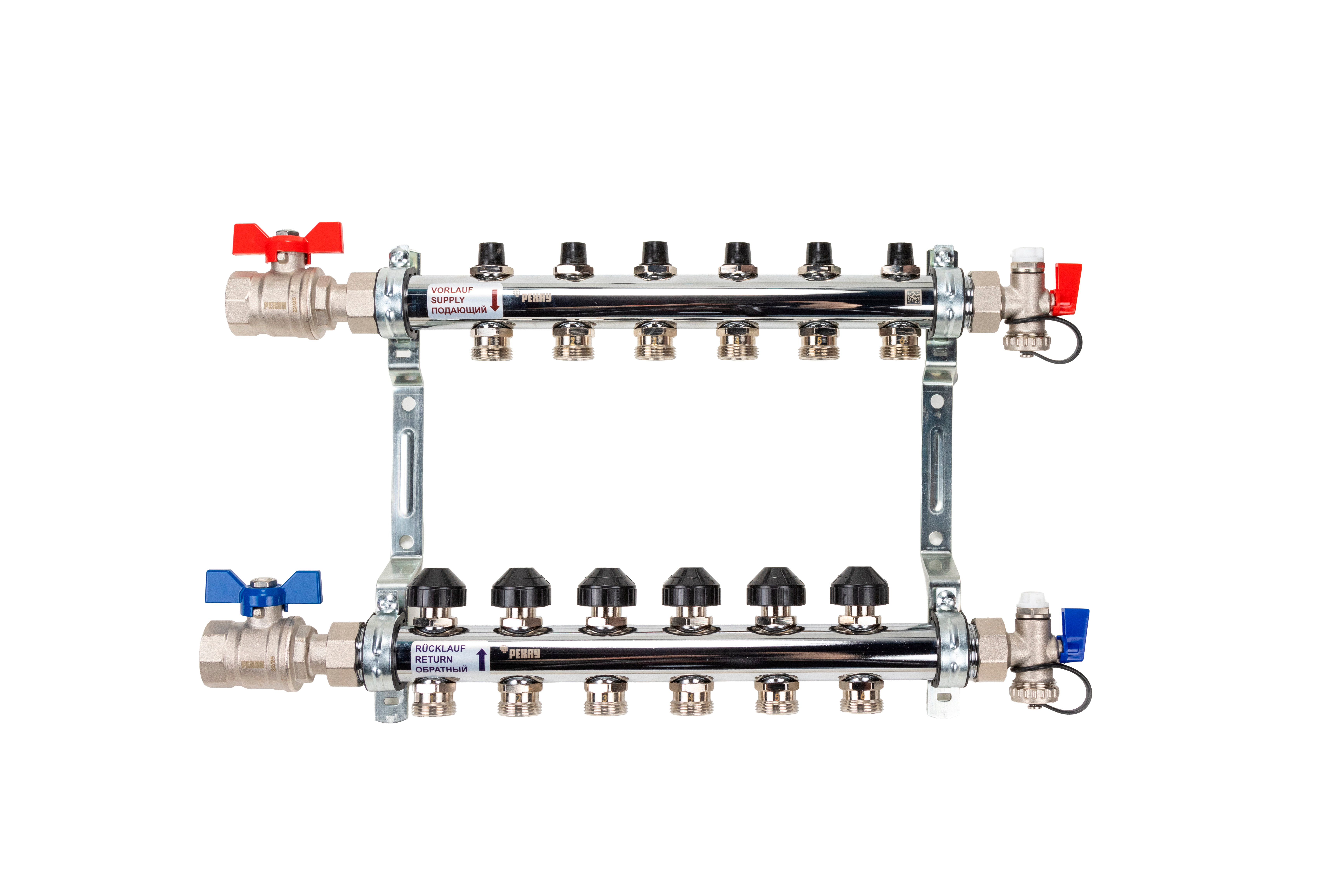 РЕХАУ 12180613001 HKV Коллектор распределительный 6 контуров для системы отопления с термовставками и запорными кранами, в сборе: с шаровыми кранами, с креплением, с блоком заполнения/ воздухоот., с термометром