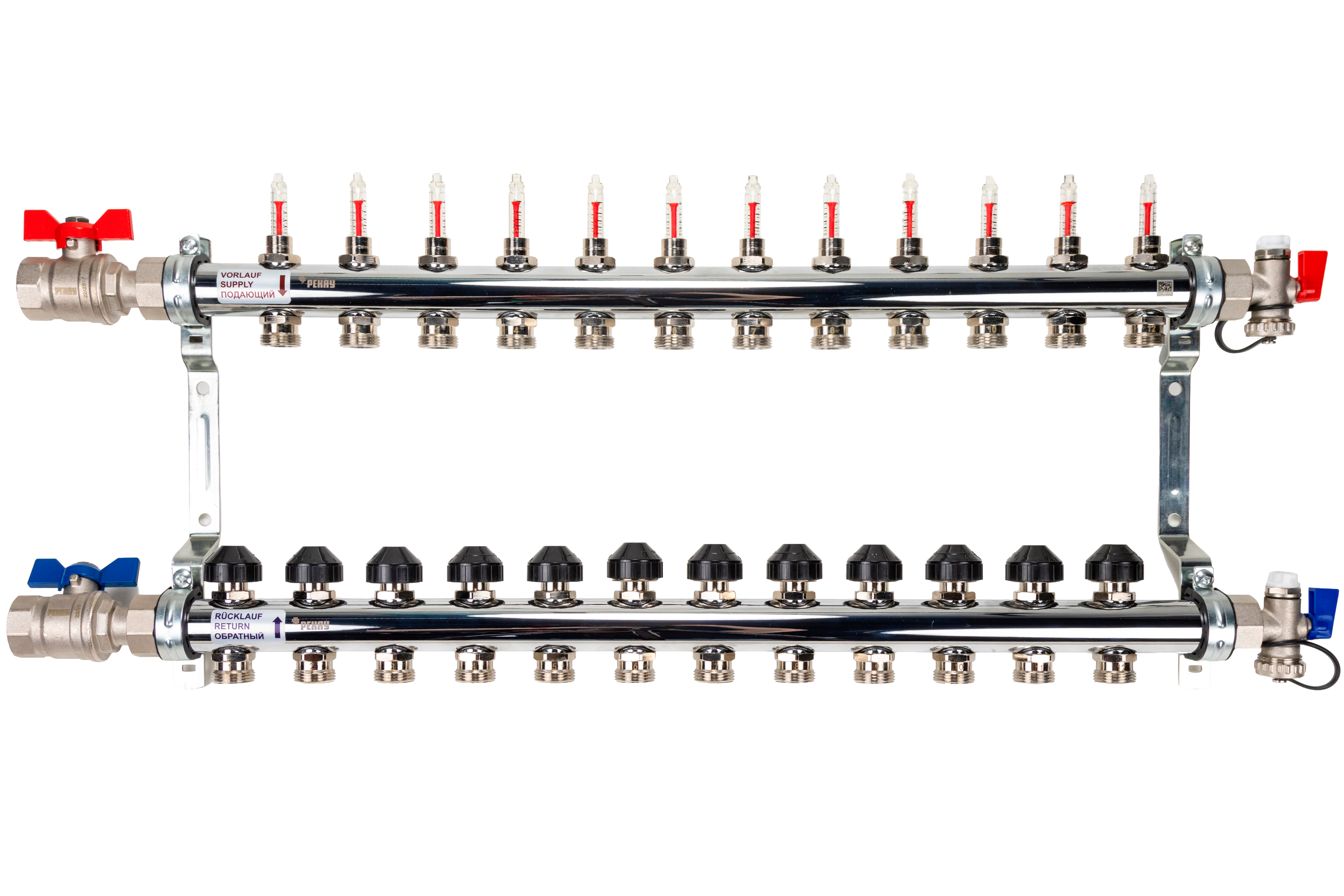 РЕХАУ 12081213002 HKV-D Коллектор распределительный 12 контуров для теплого пола с расходомерами и термовставками, запорными кранами, в сборе: с шаровыми кранами, с креплением, с блоком заполнения/ воздухоот., с термометром