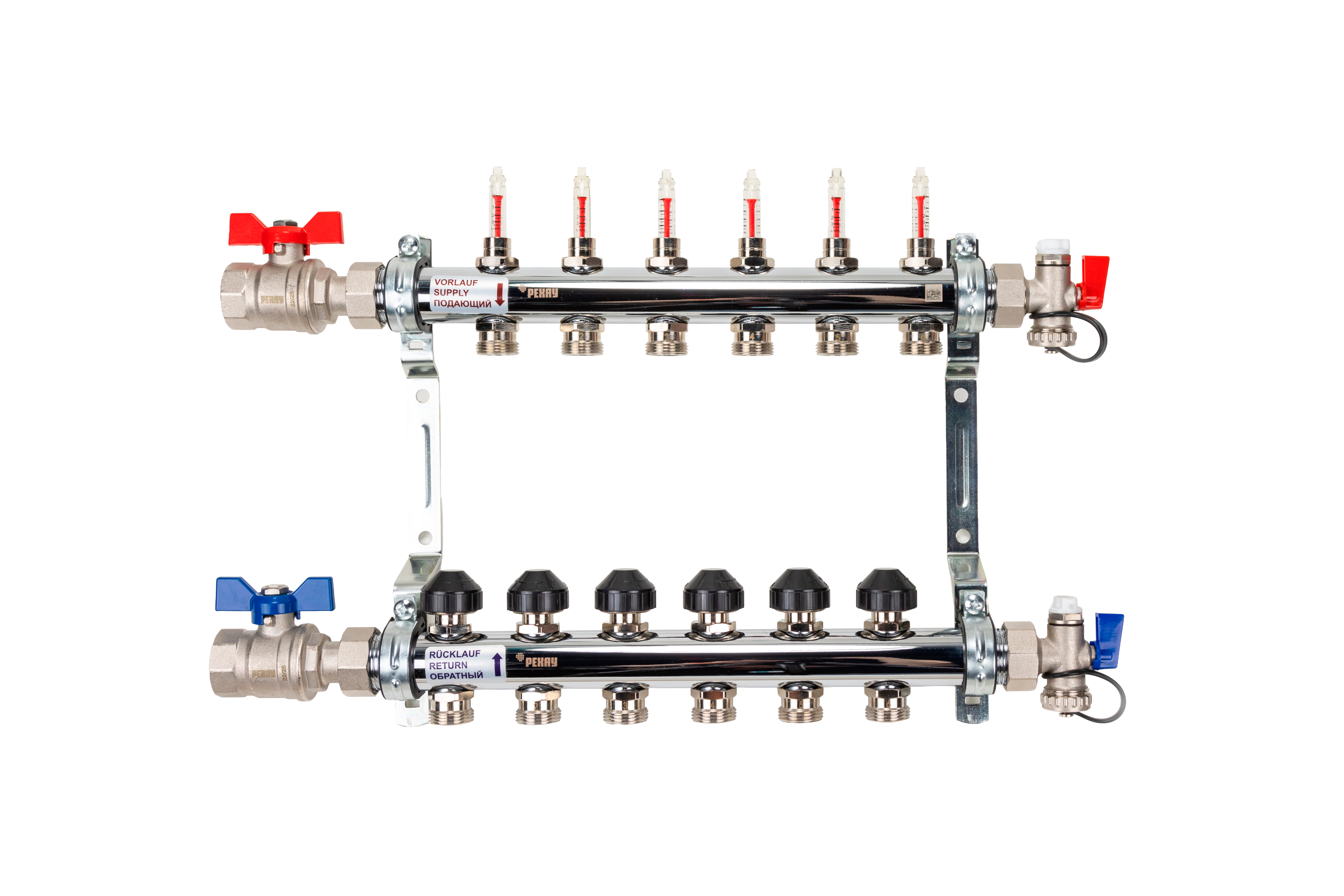 РЕХАУ 12080613002 HKV-D Коллектор распределительный 6 контуров для теплого пола с расходомерами и термовставками, запорными кранами, в сборе: с шаровыми кранами, с креплением, с блоком заполнения/ воздухоот., с термометром