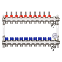 HEIMSHAFT 89002110 ProfiTherm Коллектор для теплого пола с расходомерами 10 выходов, 10 атм, в сборе с воздухоотводчиком, манометром, сливной арматурой, нержавеющая сталь