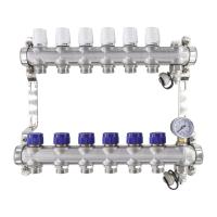 HEIMSHAFT 89002206    ProfiTherm Коллектор с термостатическими вставками 6 выходов, 10 атм, в сборе с воздухоотводчиком, манометром, сливной арматурой, нержавеющая сталь