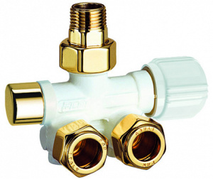 Узел нижн. подкл. левост. универс. с терм. и зап. вент  1/2" гайка М24х19 (бел/золот.)