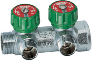 Коллектор регулирующий 3/4", ВР-НР, 2 отвода 1/2", НР, межосевое 45 мм FAR