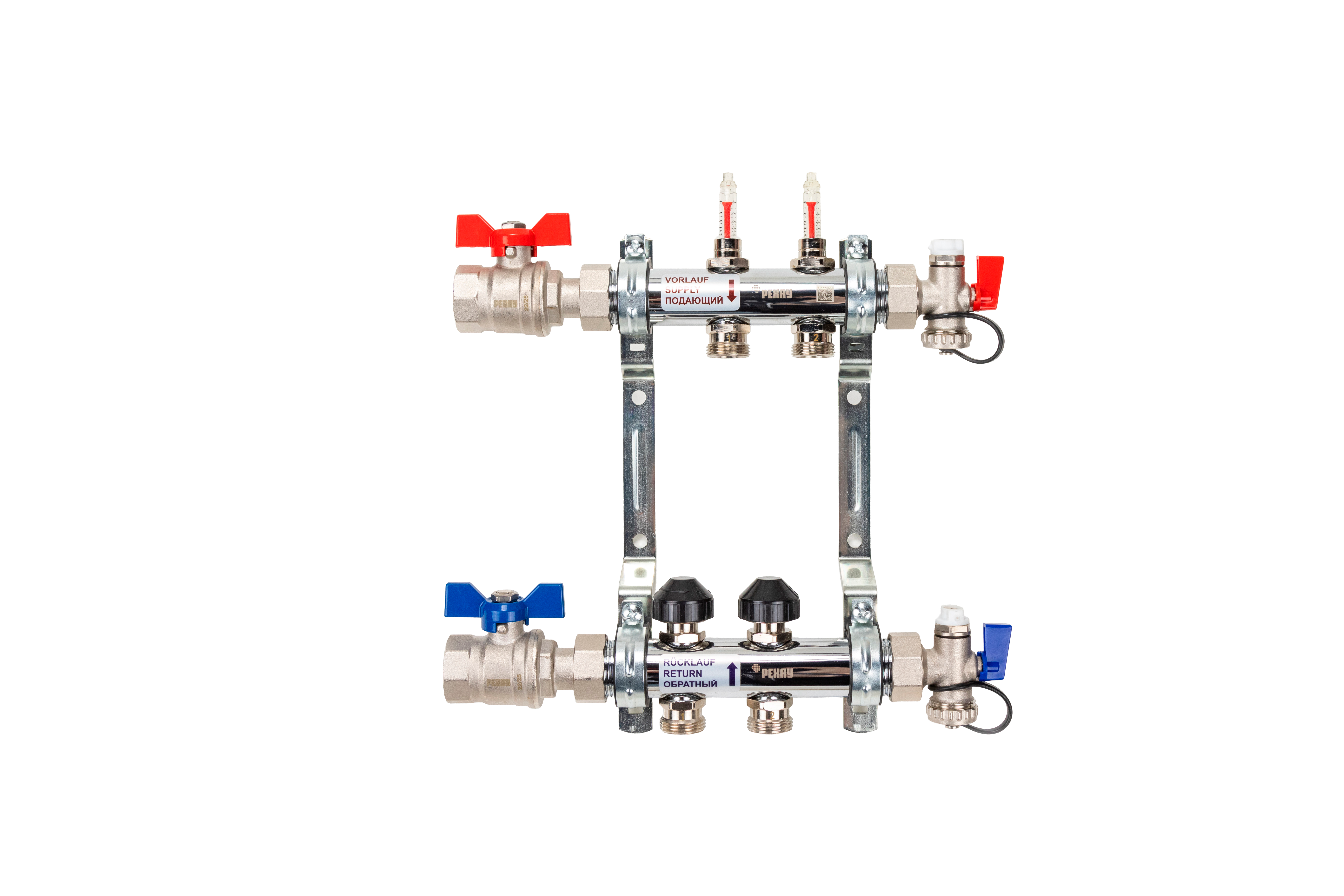 РЕХАУ 12080213002 HKV-D Коллектор распределительный 2 контура для теплого пола с расходомерами и термовставками, запорными кранами, в сборе: с шаровыми кранами, с креплением, с блоком заполнения/ воздухоот., с термометром