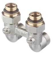 РЕХАУ 12407373001 Блок шаровых кранов с соед. нип. G 1/2xG 3/4, угловой (никелирован.)