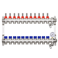 HEIMSHAFT 89002111    ProfiTherm Коллектор для теплого пола с расходомерами 11 выходов, 10 атм, в сборе с воздухоотводчиком, манометром, сливной арматурой, нержавеющая сталь