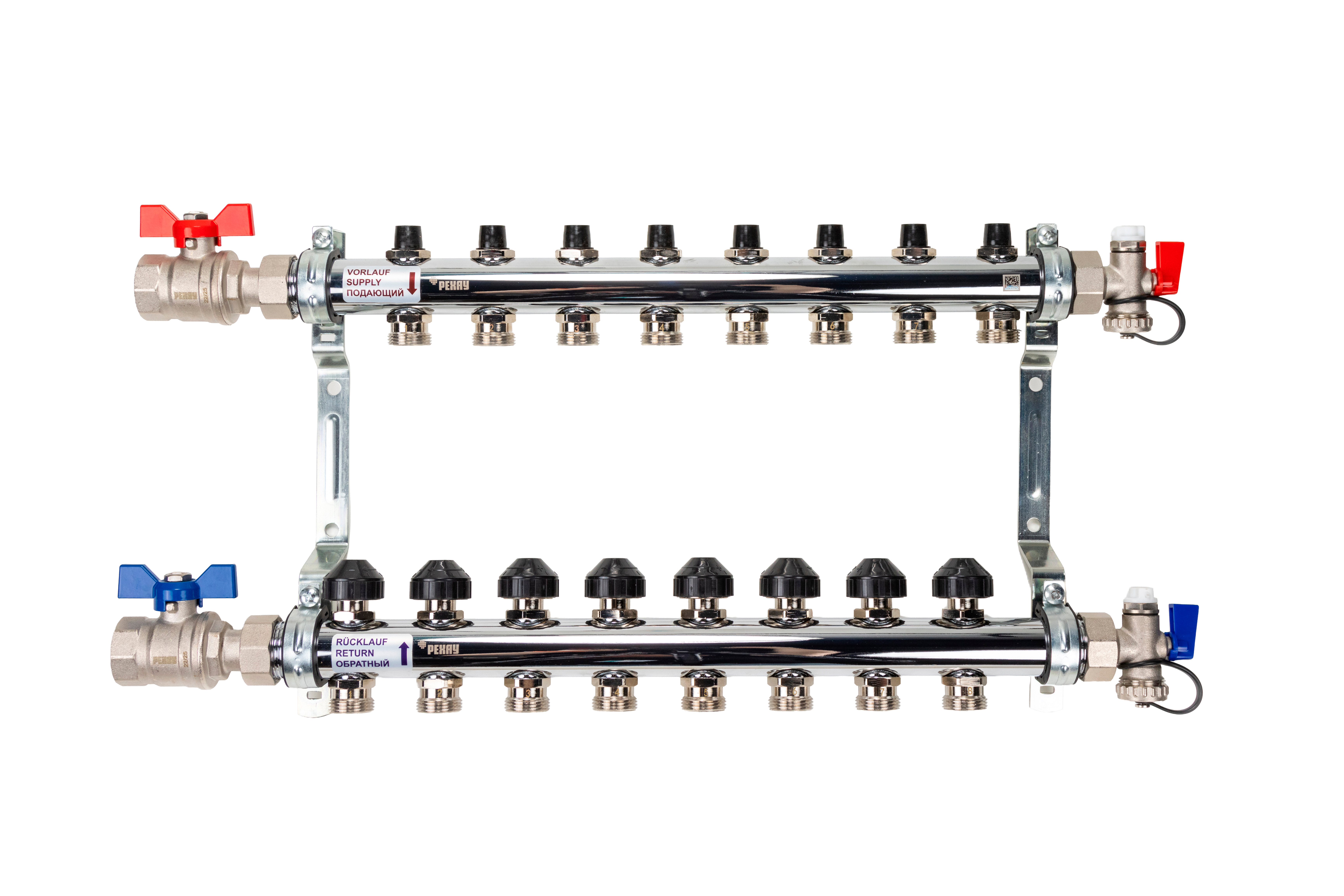 РЕХАУ 12180813001 HKV Коллектор распределительный 8 контуров для системы отопления с термовставками и запорными кранами, в сборе: с шаровыми кранами, с креплением, с блоком заполнения/ воздухоот., с термометром