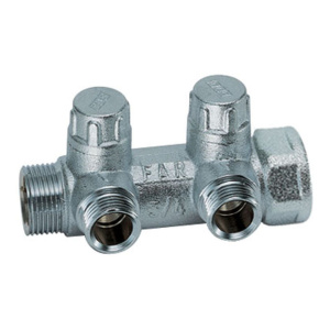 FAR FK 3860 134UN MultiFAR Коллектор запорно-балансировочный 1" на 2 отвода 3/4"EU c вставкой под уплотнение