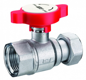 Кран шаровой 3/4", хром., с накид.гайкой 1", красная ручка