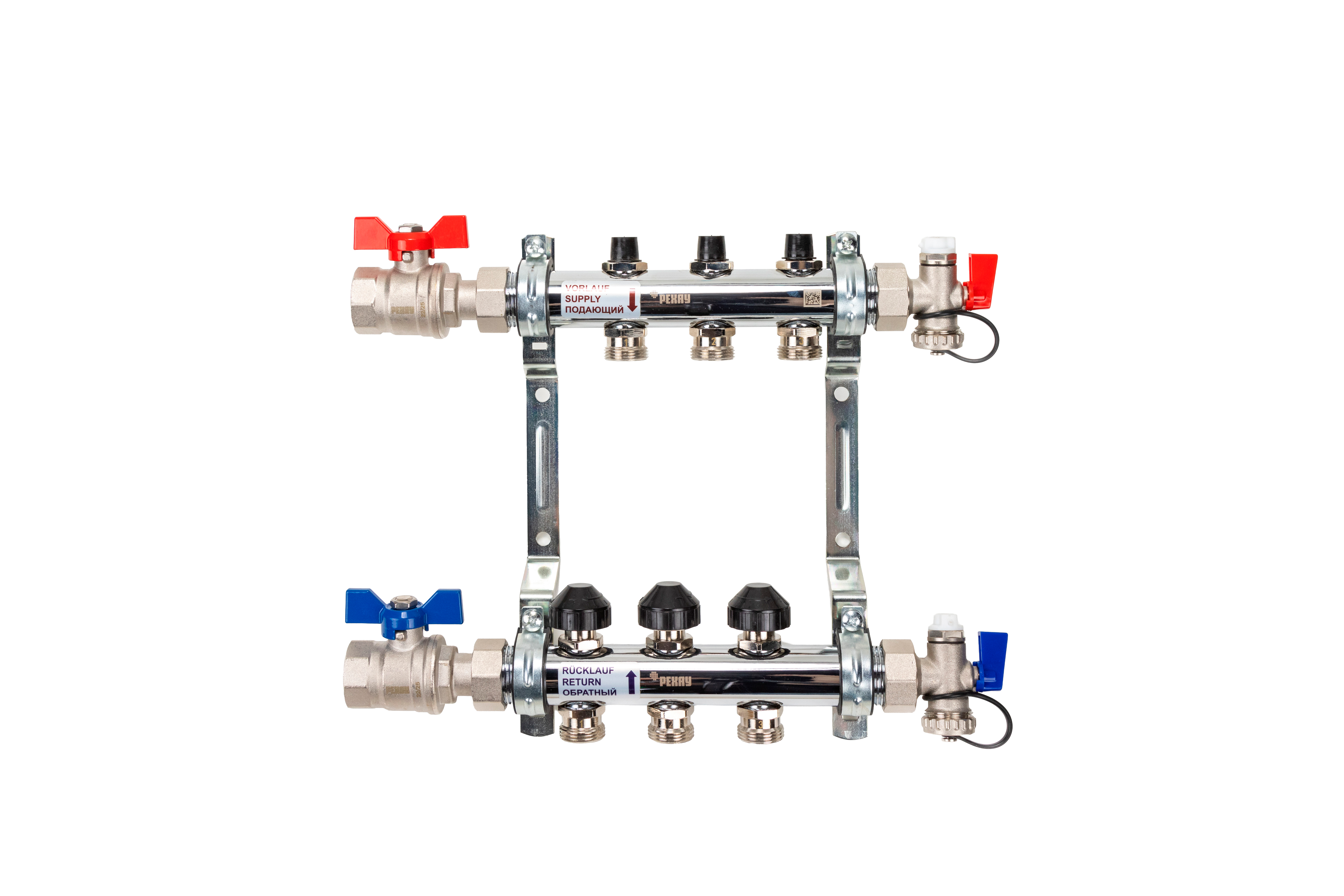 РЕХАУ 12180313001 HKV Коллектор распределительный 3 контура для системы отопления с термовставками и запорными кранами, в сборе: с шаровыми кранами, с креплением, с блоком заполнения/ воздухоот., с термометром