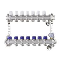 HEIMSHAFT 89002207    ProfiTherm Коллектор с термостатическими вставками 7 выходов, 10 атм, в сборе с воздухоотводчиком, манометром, сливной арматурой, нержавеющая сталь