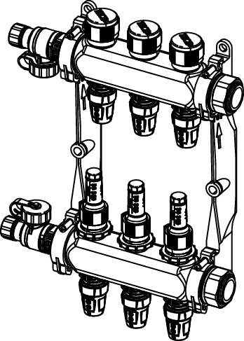 TECE 77311106 TECEfloor Коллектор стальной для теплого пола с подключением -Push, с расходомерами, подключение 1" НГ, выходы 16 push-fit, с блоком наполнения/опорожнения, 6 контуров