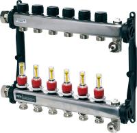 TECE 77310008 TECEfloor Коллектор стальной для теплого пола, с расходомерами, подключение 1'' НГ, выходы 3/4'' EK, с блоком наполнения/опорожнения, 8 контуров