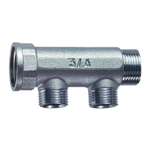FAR FK 3475 34TP  Коллектор 3/4", ВР-НР, 2 отвода 1/2", НР, плоское уплотнение, хромированный