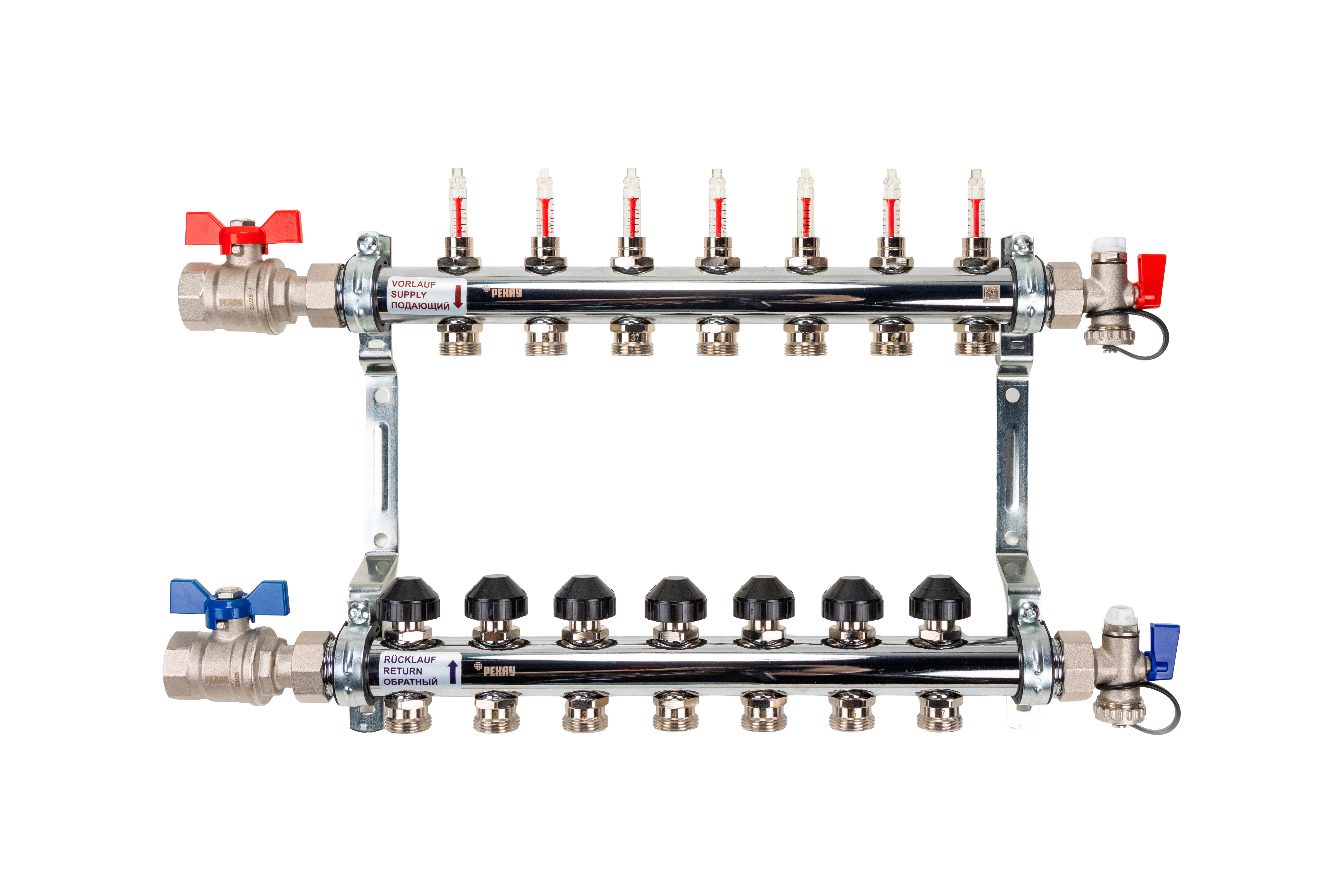 РЕХАУ 12080713002 HKV-D Коллектор распределительный 7 контуров для теплого пола с расходомерами и термовставками, запорными кранами, в сборе: с шаровыми кранами, с креплением, с блоком заполнения/ воздухоот., с термометром