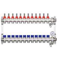 HEIMSHAFT 89002112 ProfiTherm Коллектор для теплого пола с расходомерами 12 выходов, 10 атм, в сборе с воздухоотводчиком, манометром, сливной арматурой, нержавеющая сталь